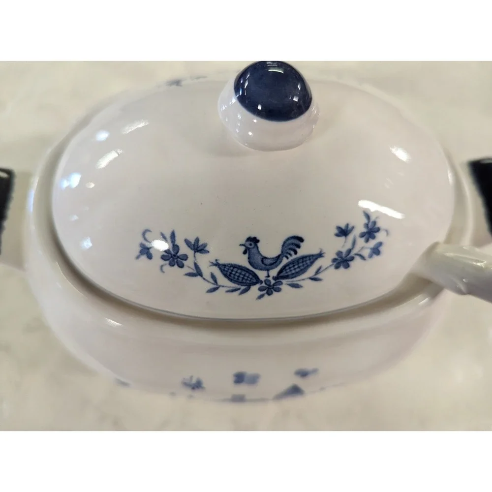 Vintage gravy sauce boat container lid & spoon‎ country blue scarecrow rooster